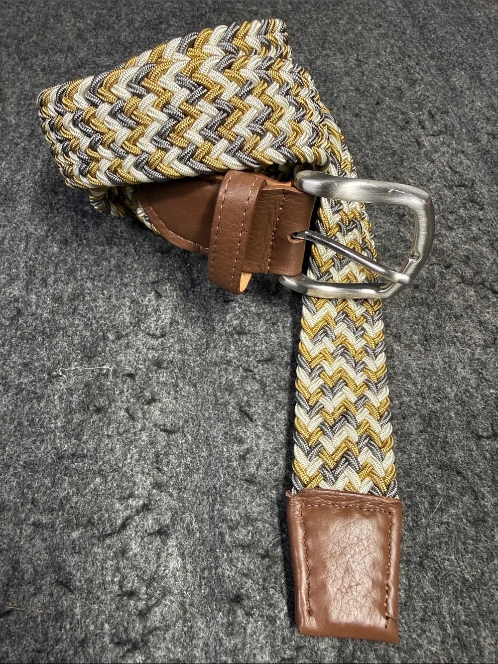 Faherty Woven Braided Elastic Belt in Brown, Gold, and Gray Stretches